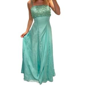 vintage silk beaded maxi formal gown turquoise fairy size 8